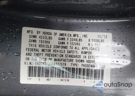 2016 Honda Accord Lx из США, поврежденный, VIN 1HGCR2F35GA077579